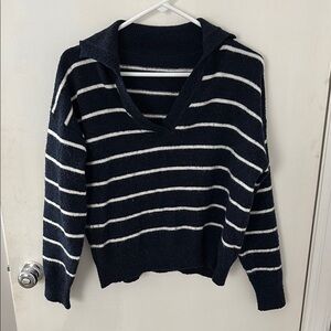 Striped V-Neck Sweater - Navy Blue and White